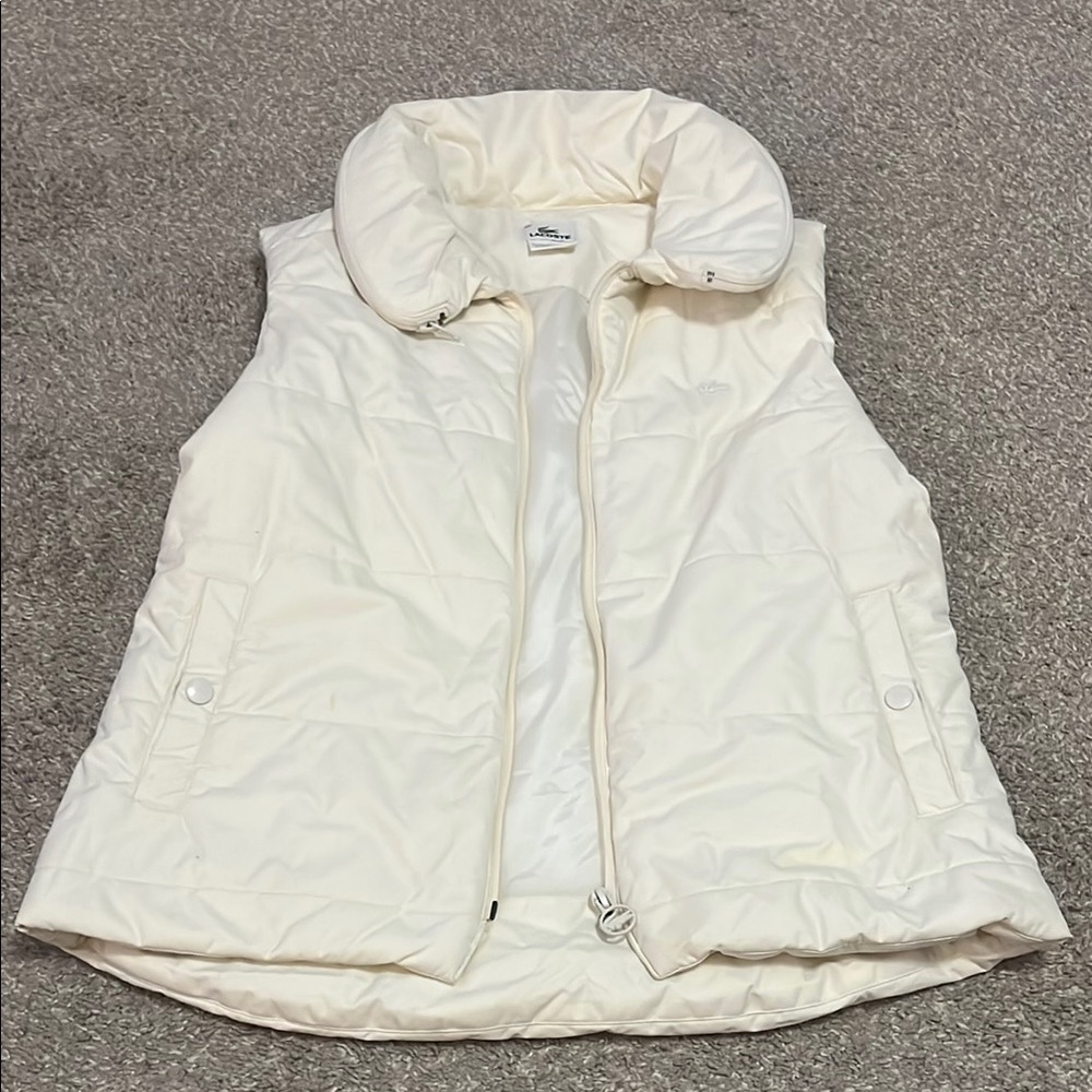 Lacoste Cream Sleeveless Puffer Vest with High Collar and Zip Closure